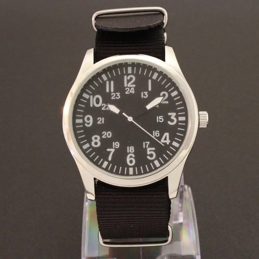 Men's Quartz Field Watch Silver Tone Case Black Military Strap 42mm